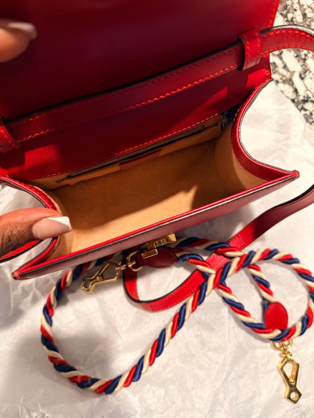 Gucci Red Leather Satchel with Gold Chain and Navy Trim - Picture 6 of 7